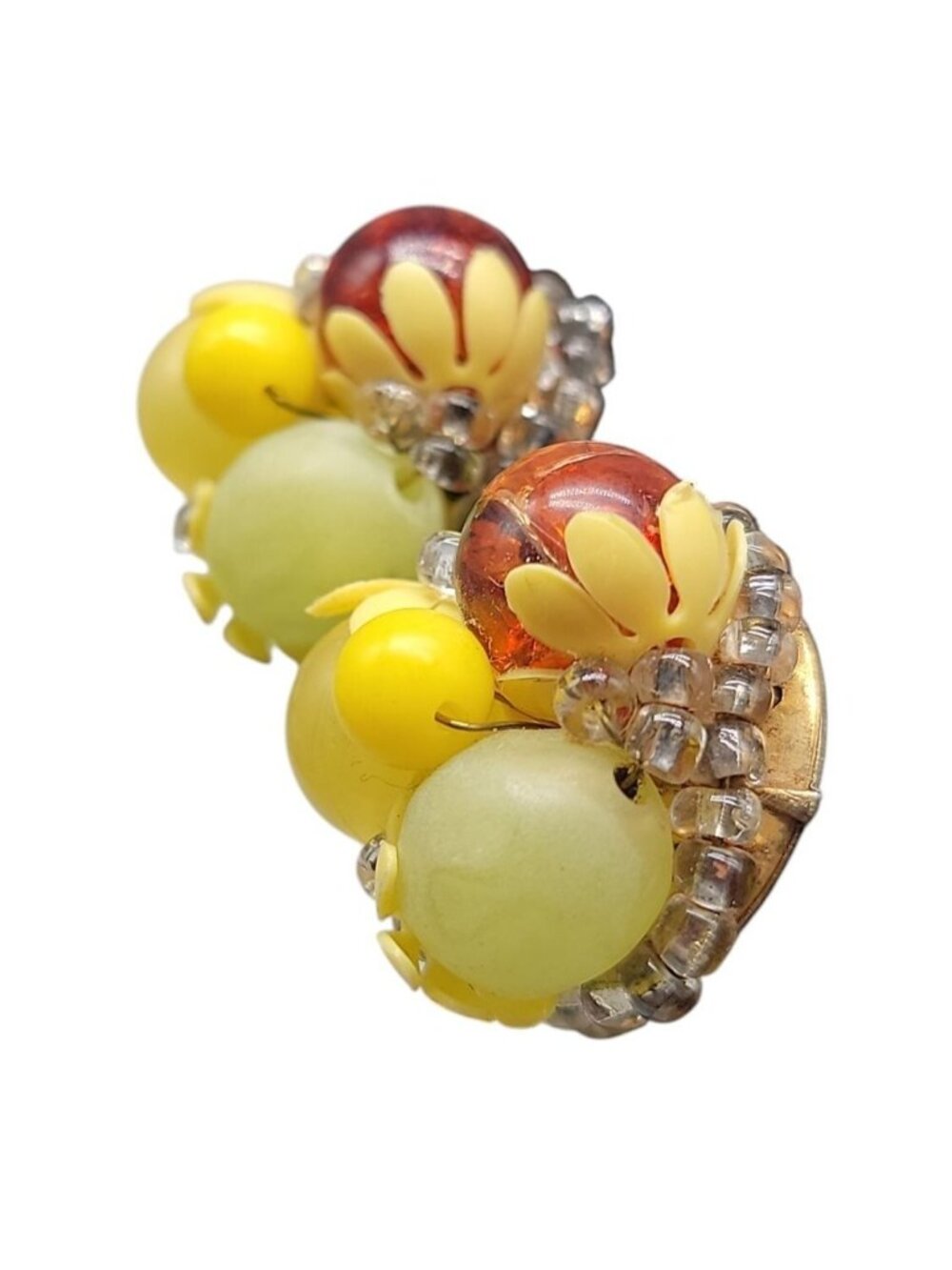 Fruit Salad Clip On Earrings Vintage Lucite Cluster Beads Gold Tone Setting - Picture 6 of 9